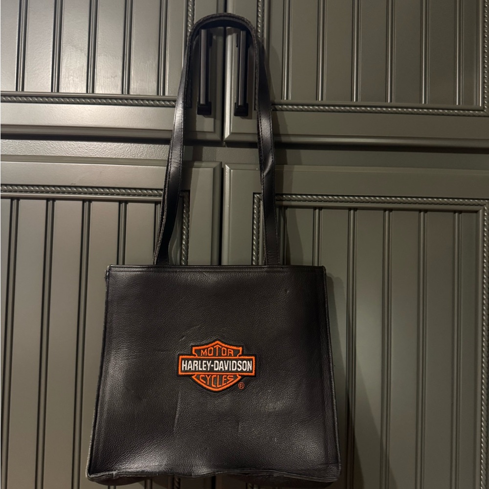 Harley-Davidson Black Leather Messenger Bag with Orange Emblem